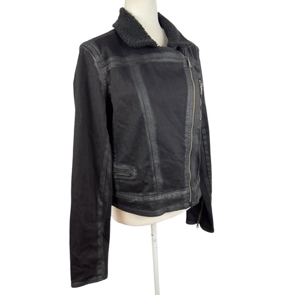 PAIGE Sydney Moto Jacket Night Flight Sherpa Coated Black Stretch Denim Large - Picture 7 of 16